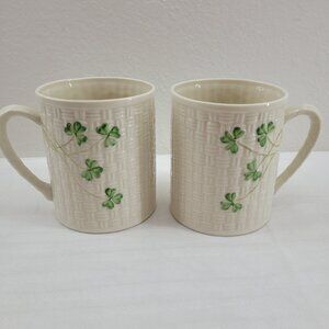 Vintage Belleek Ireland Coffee Mugs Set of 2 Shamrock Clover on Basket Texture